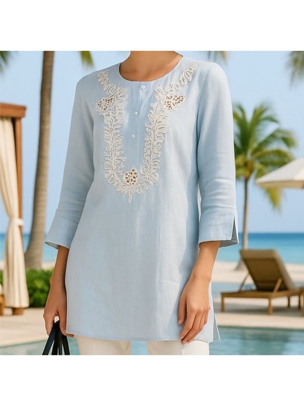 Brooks Brothers Linen Embroidered Tunic Top Sky Blue, Size 4